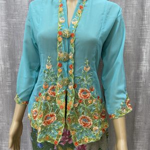 3/4 Sleeves Turquoise Kebaya With Orange Floral Motif (L)
