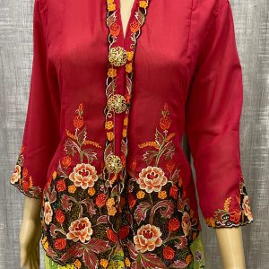 3/4 Sleeves Red Kebaya With Orange Floral Motif (XL)